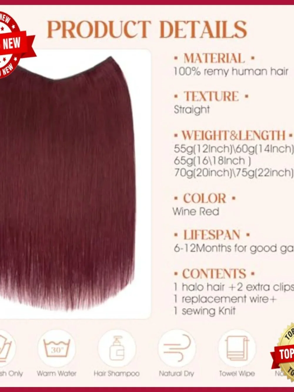 16 Inch Human Hair Halo Extensions with Invisible Wire Adjustable Fit